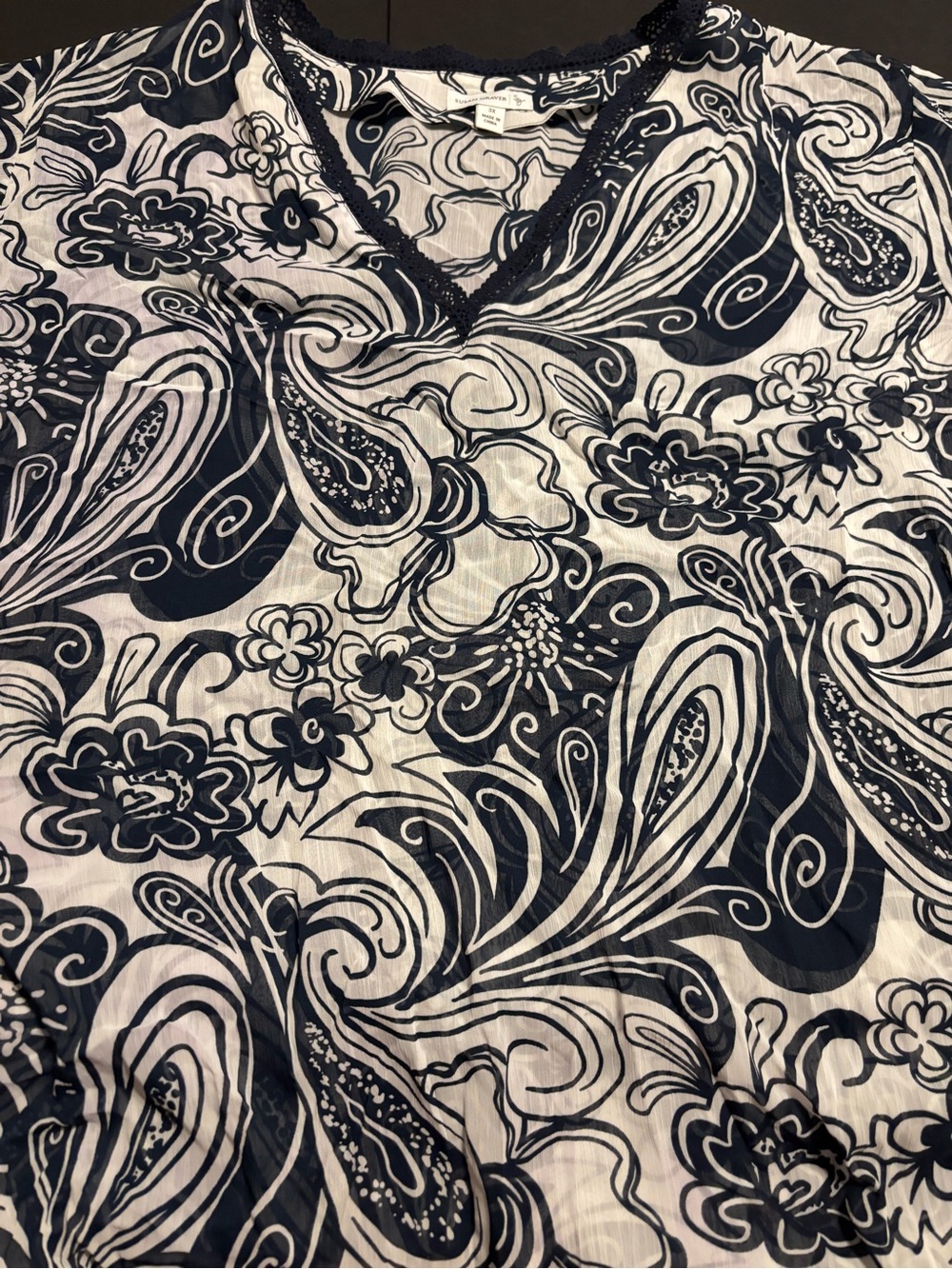 NWOT Susan Graver 3X Sheer Chiffon Tunic Top Navy White Paisley Crochet Trim⁠